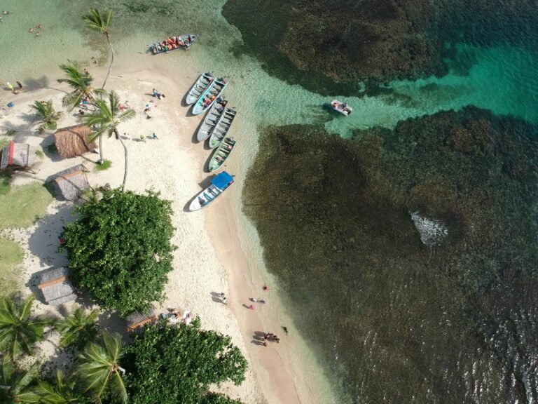 Aerial view of a tropical beach with boats, palm trees, and turquoise waters, perfect for a summer escape.